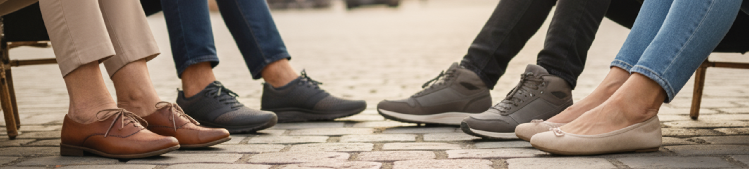 Différentes chaussures portées en ville : modèles larges, souples ou serrés, montrant l’impact du chaussage sur l’hallux valgus.