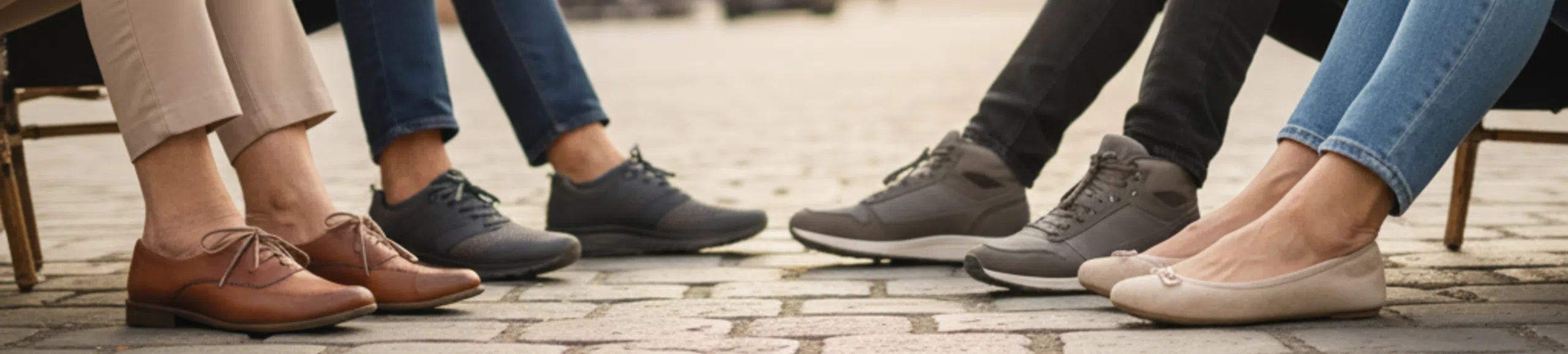 Différentes chaussures portées en ville : modèles larges, souples ou serrés, montrant l’impact du chaussage sur l’hallux valgus.