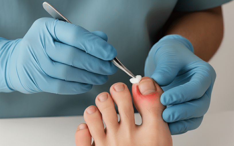 Soignant nettoyant un ongle incarné présentant une inflammation et un granulome pyogène dans le sillon