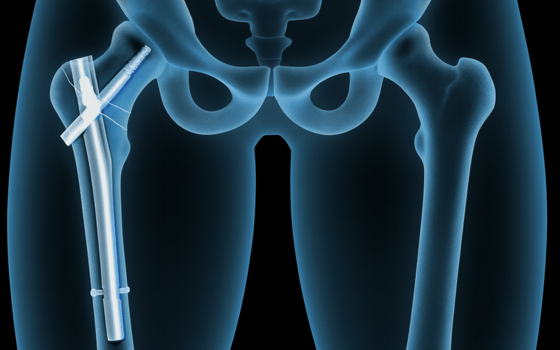 Radiographie de la hanche montrant une ostéosynthèse par clou Gamma dans une fracture pertrochantérienne.