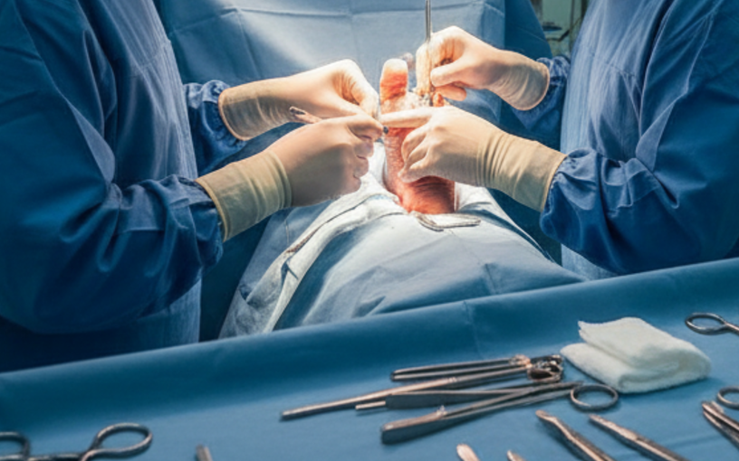 Intervention chirurgicale du pied réalisée en bloc opératoire pour corriger un hallux valgus.