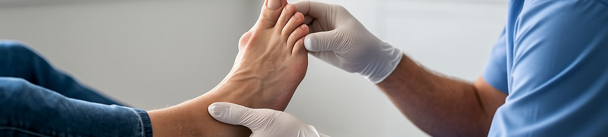 chirurgien orthopédiste examinant un pied avec hallux valgus douloureux