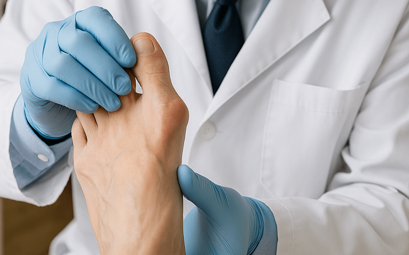 chirurgien orthopédiste examinant un pied avec hallux valgus douloureux