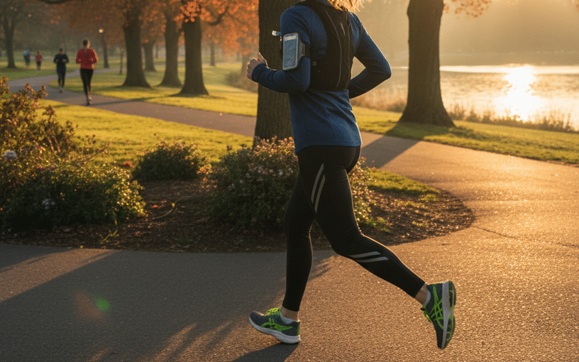 Femme courant en extérieur avec des chaussures de sport, reprise progressive de l’activité après chirurgie du pied.