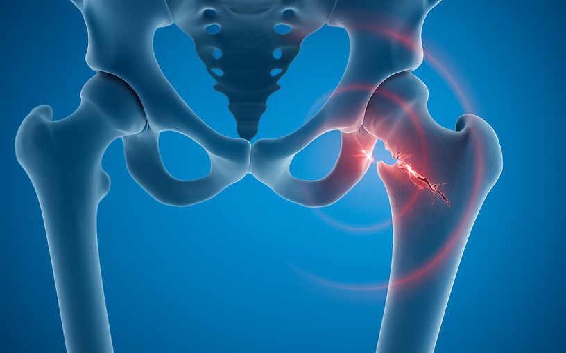 Illustration 3D d’une fracture pertrochantérienne du fémur, montrant la zone de cassure sous le col du fémur.