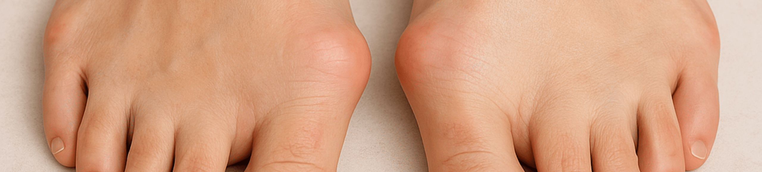 Photo de hallux valgus bilatéral montrant une déformation des deux pieds avec bosse interne et déviation du gros orteil.