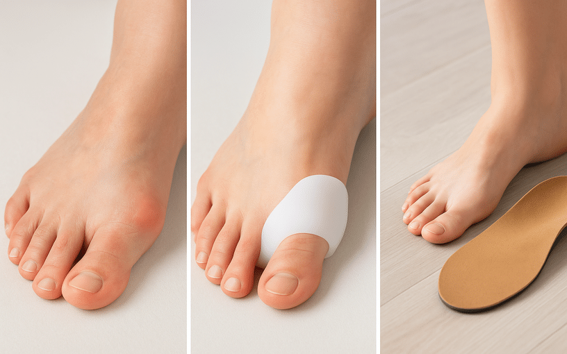 Pied avec hallux valgus, protection en silicone sur le gros orteil et semelles orthopédiques sur-mesure
