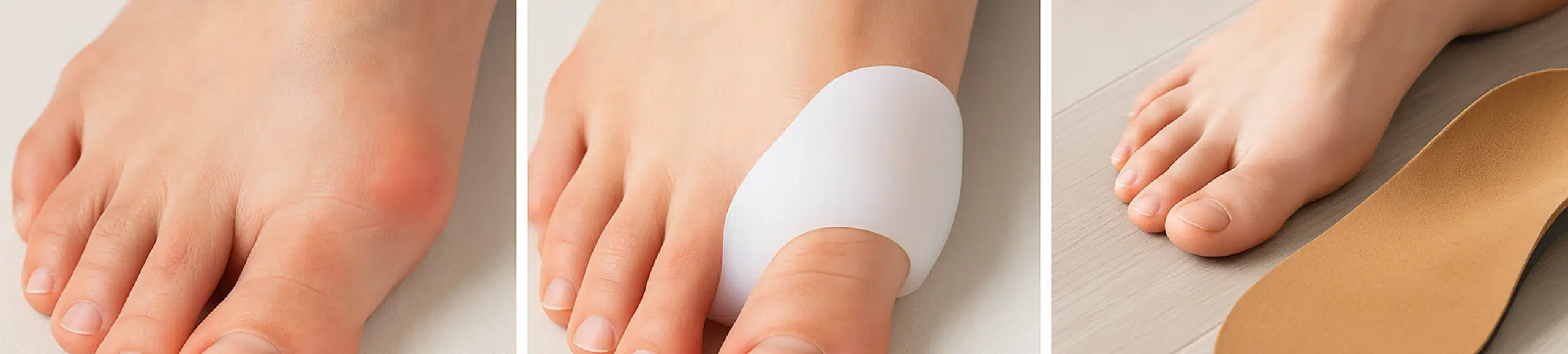 Pied avec hallux valgus, protection en silicone sur le gros orteil et semelles orthopédiques sur-mesure