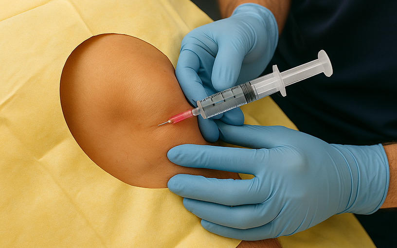 Préparation d’une infiltration du genou avec champ stérile, médecin tenant une seringue