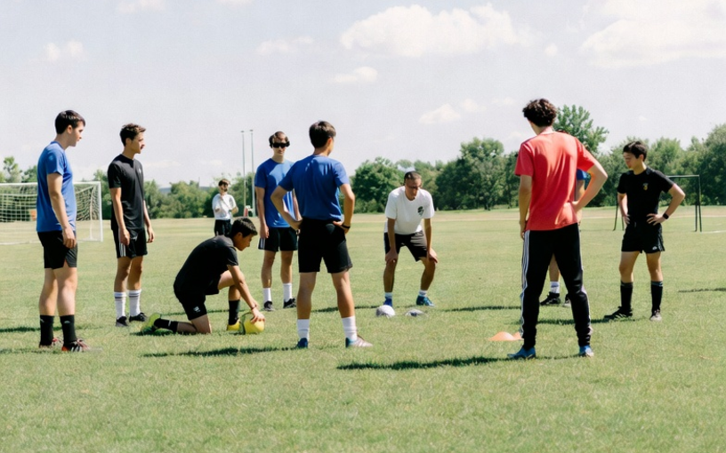 Groupe de joueurs pratiquant un sport collectif sur un terrain, activité exposant au risque de lésions du ménisque du genou