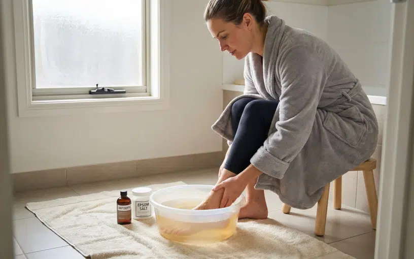 Bain de pied à l’eau tiède pour soulager la douleur d’un ongle incarné au stade précoce