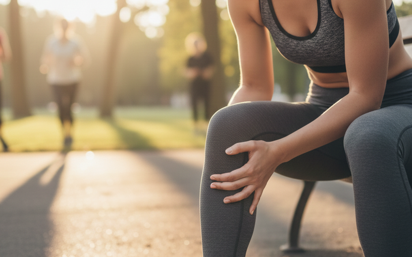 Femme sportive qui tient l’arrière de son genou en raison d’une douleur au creux poplité pendant un footing.