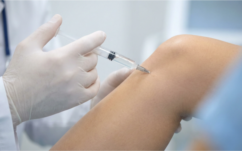 Injection d’acide hyaluronique au genou réalisée en consultation pour le traitement de l’arthrose