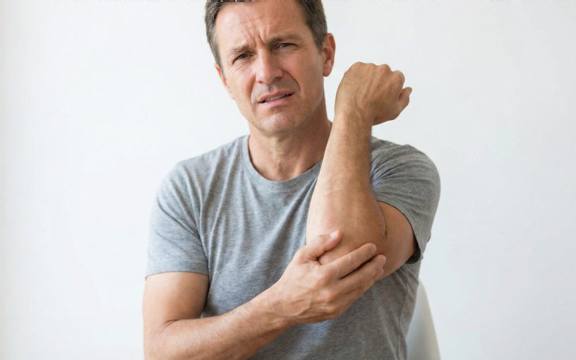 Homme présentant une douleur au coude pouvant évoquer une tendinopathie ou une arthrose