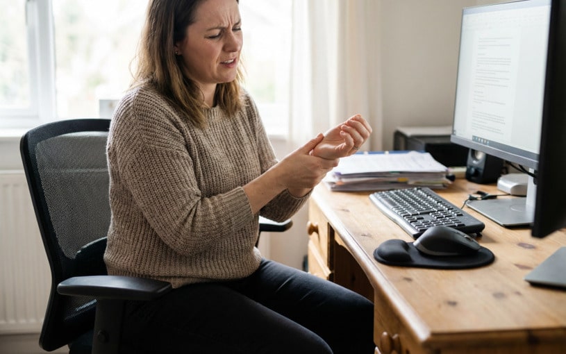 Femme souffrant d’une douleur au poignet en travaillant sur ordinateur, évocatrice d’un syndrome du canal carpien