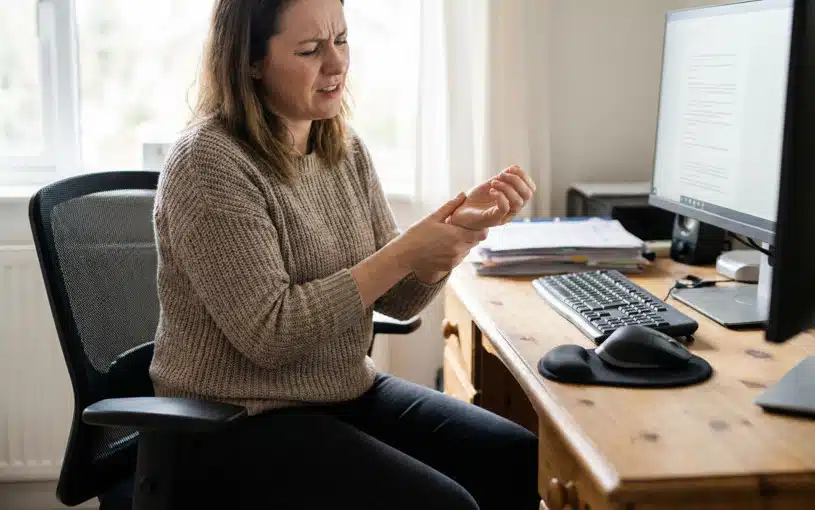 Femme souffrant d’une douleur au poignet en travaillant sur ordinateur, évocatrice d’un syndrome du canal carpien